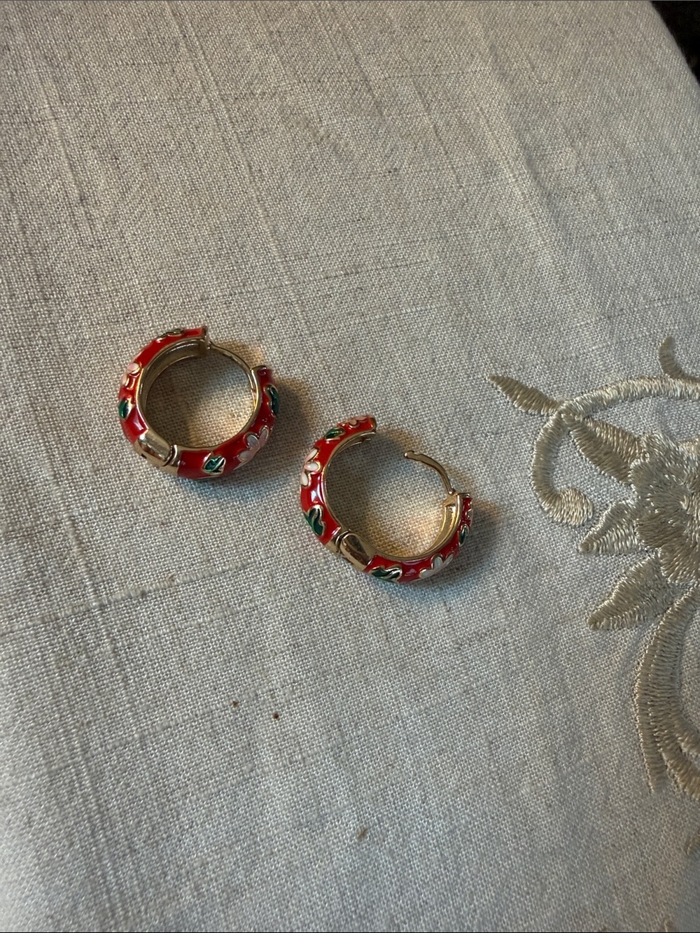 Red gold tone enamel flower decorated hoops